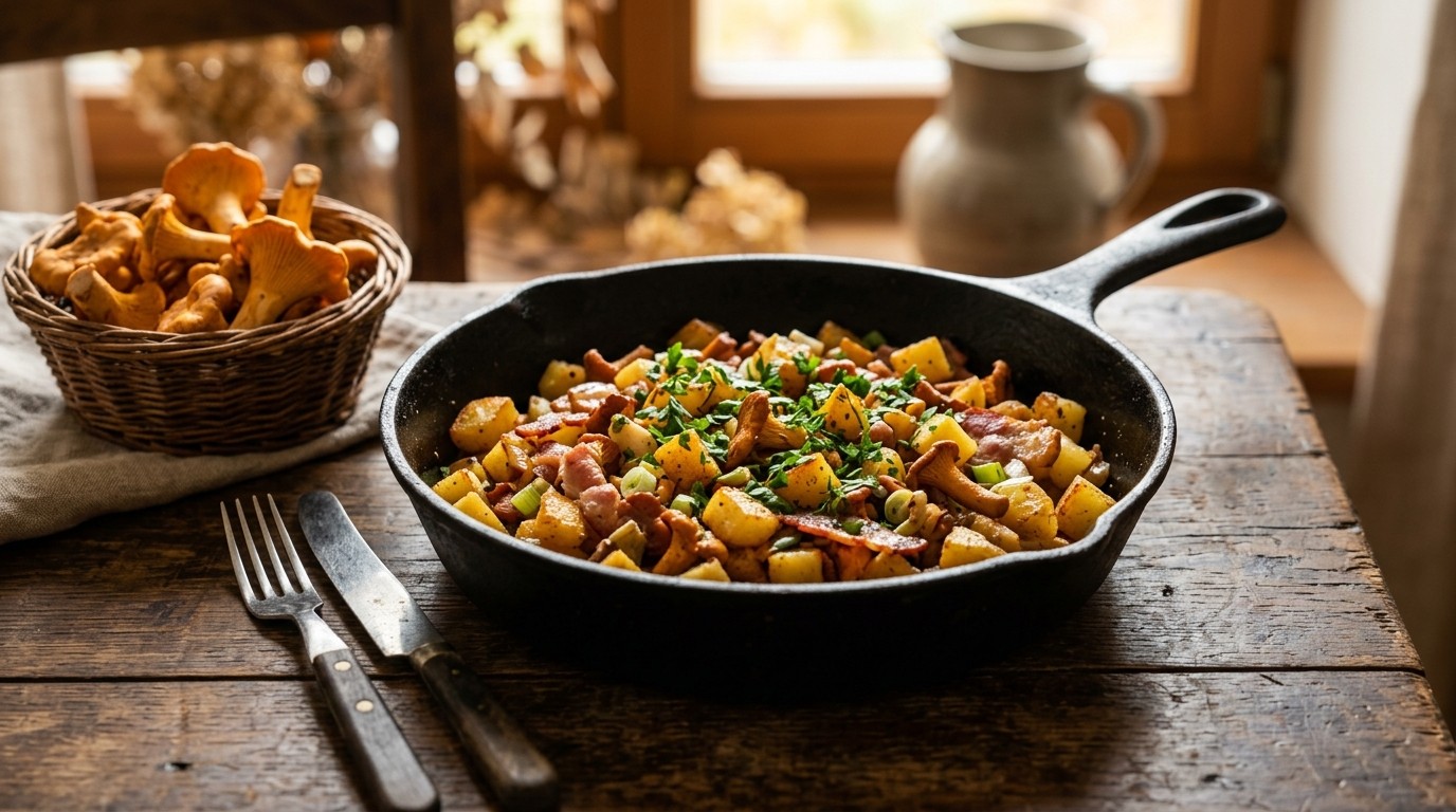 Aardappelschotel met cantharellen en spek