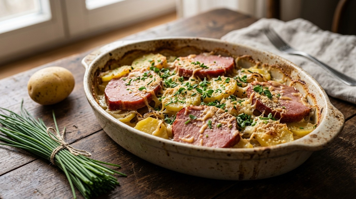Aardappelschotel met casselerrib