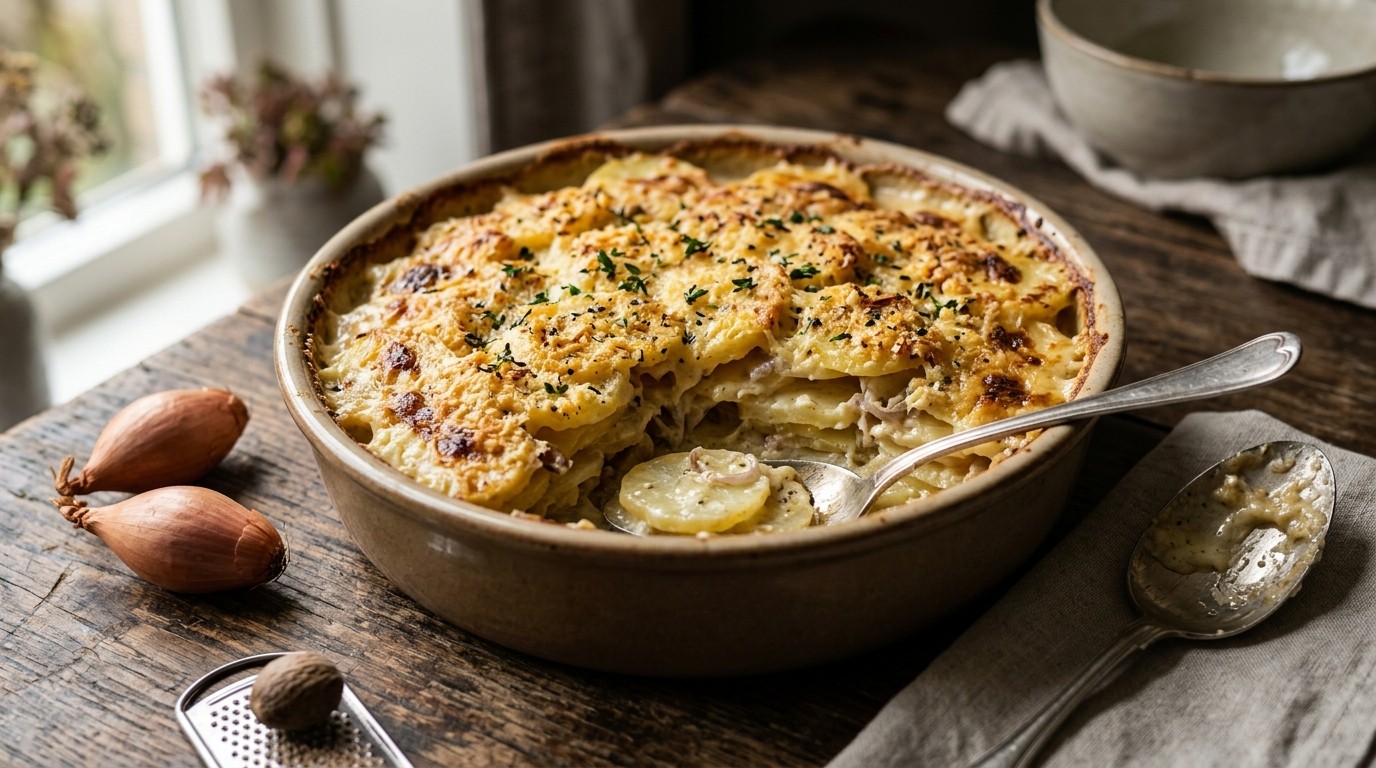 Aardappelschotel met een knoflookkorstje