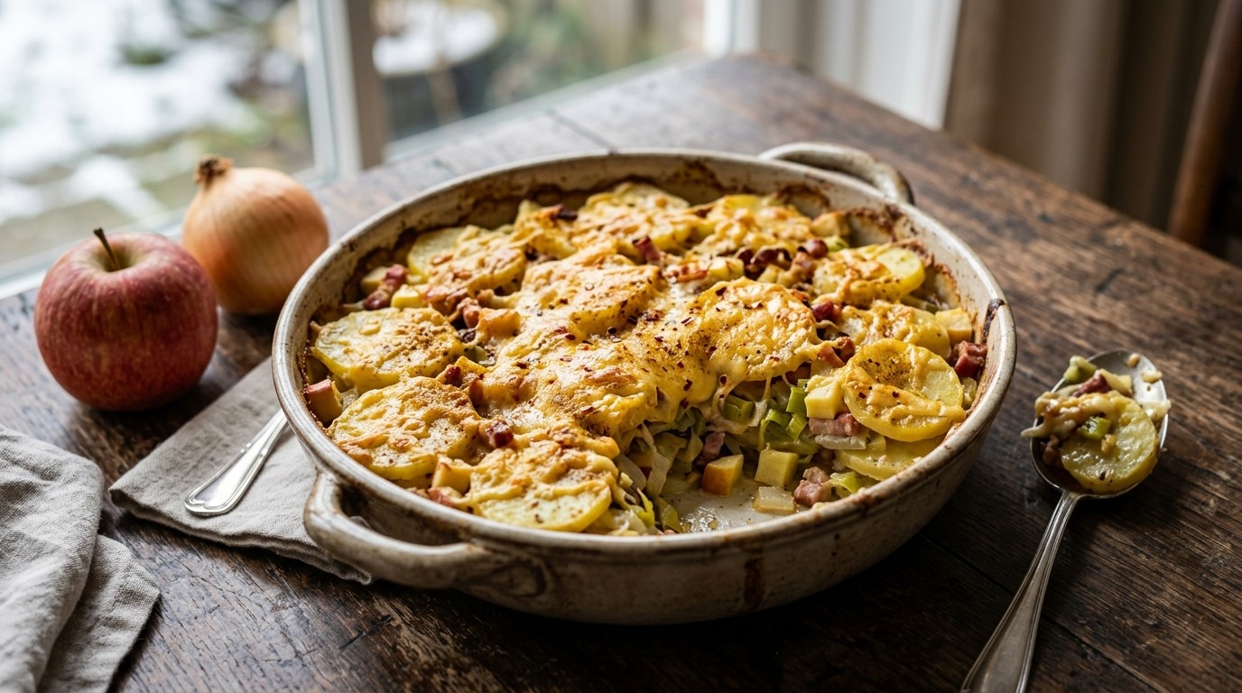 Aardappelschotel met Prei en Kaas