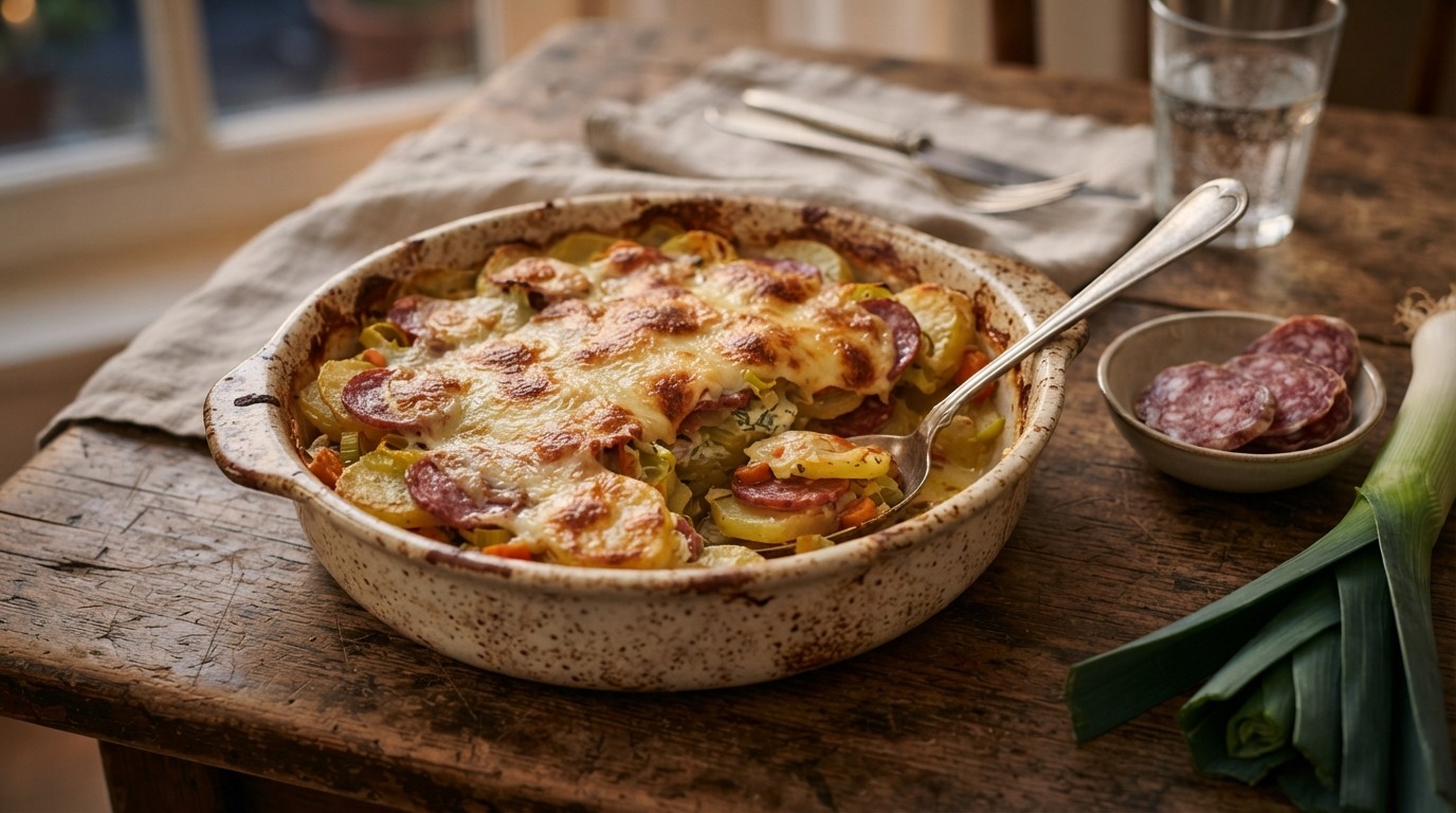 Aardappelschotel met salami