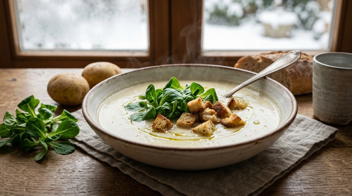 Aardappelsoep met veldsla