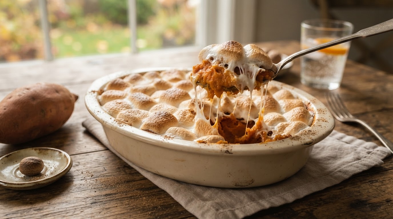 Aardappeltaart met een dakje van marshmallows