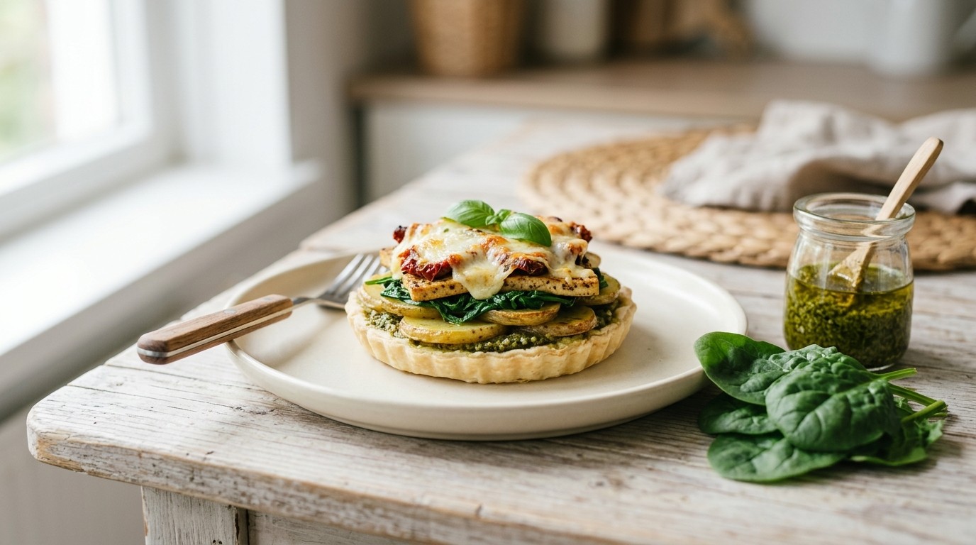 Aardappeltaartje met tofu en pesto