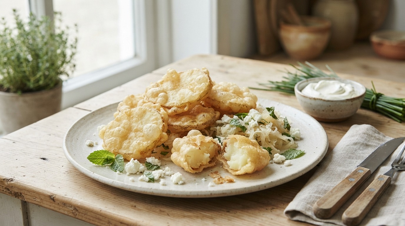 Aardappeltempura met zuurkool feta en munt