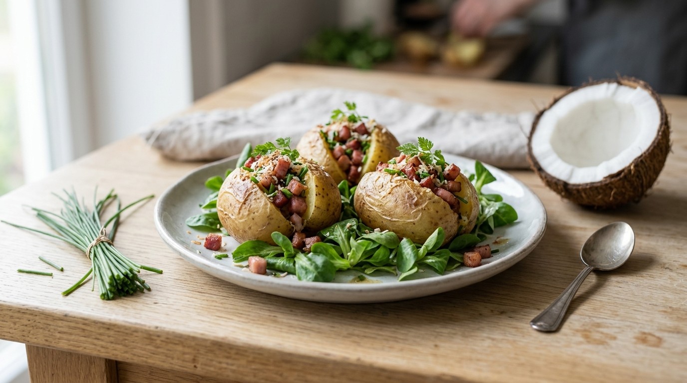 Aardappeltjes in de schil gevuld met Breydelspekjes, fijne kruiden en kokosnoot