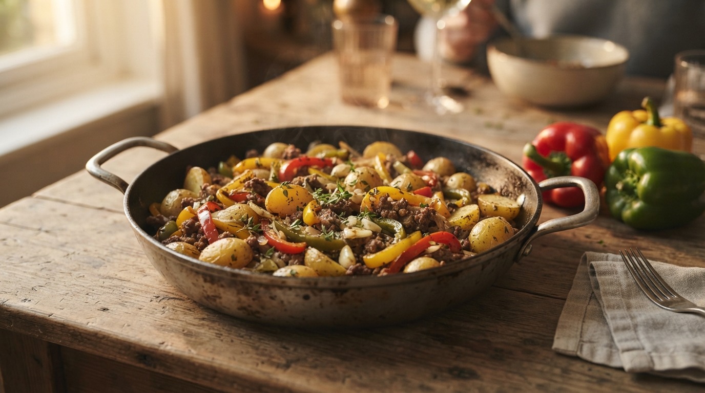Aardappeltjes met gehakt en driekleurenpaprika