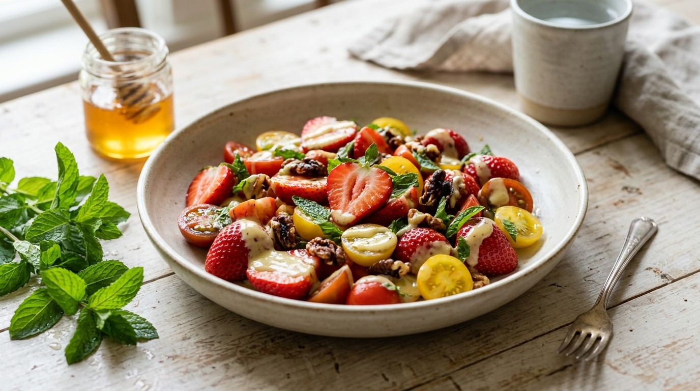 Aardbei-tomaat-salade met mosterddressing
