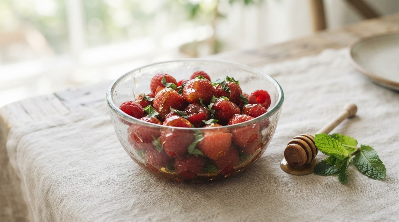 Aardbeien en frambozen met honing