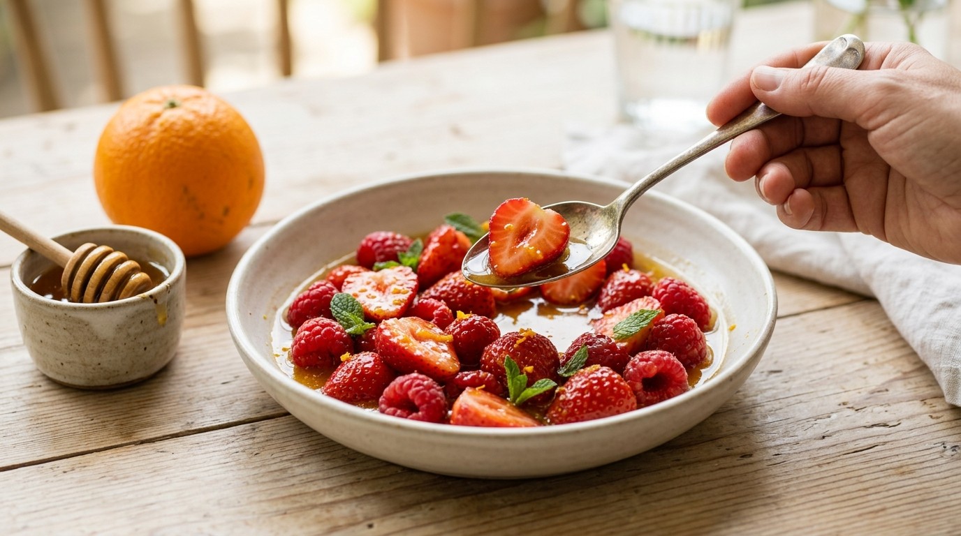 Aardbeien met honingsaus