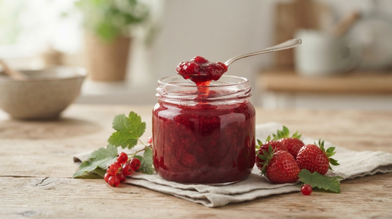 Aardbeien/rodebessen jam