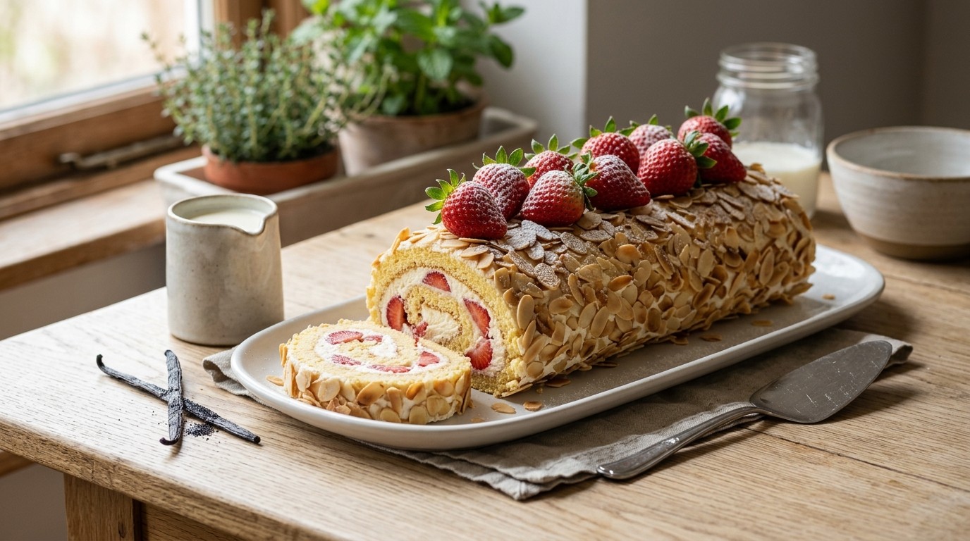 Aardbeienstam met een creme van amandelen