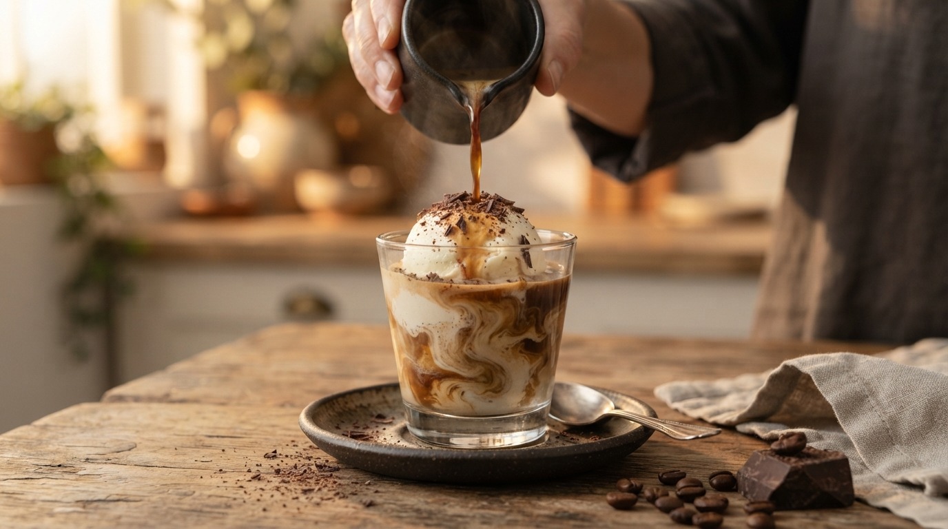 Affogato van vanille ijs met espresso en chocolade