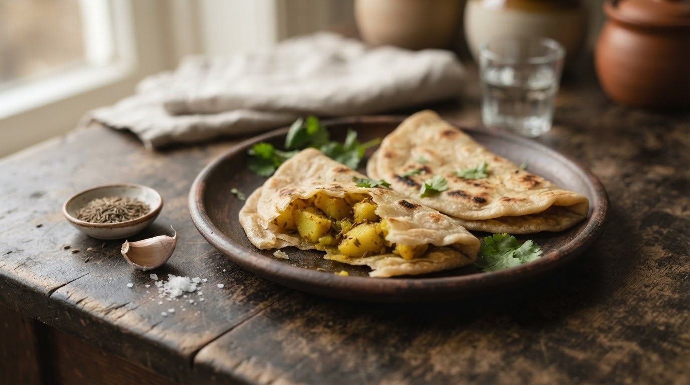 Aloe Bherie (roti met Aardappel Vulling)