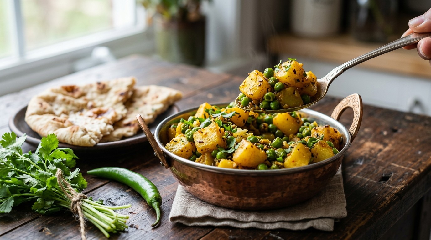Alu Mattar Sukha (droge Curry met Aardappelen en Erwtjes)