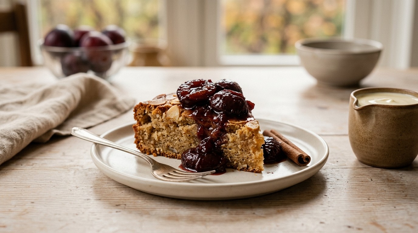 Amandelkoek met port en pruimen