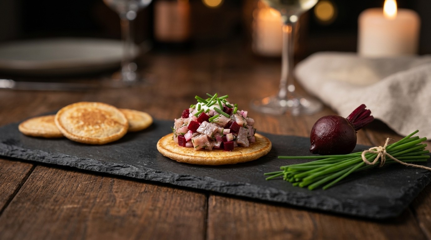Amuse van blini met haringtartaar