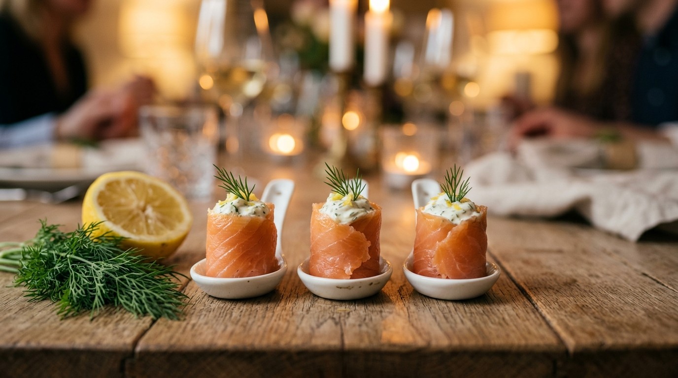 Amuse van gevulde zalmrolletjes