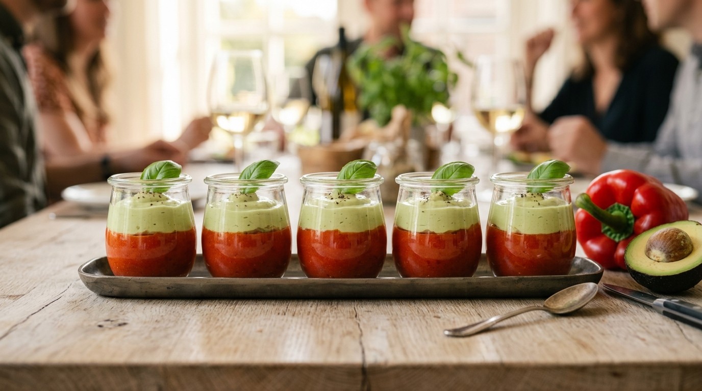 Amuse van paprikamousse met avocado
