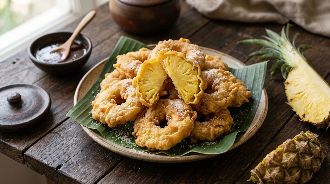 Ananas Goreng (gefrituurde Ananas Schijven in Krokant Jasje)