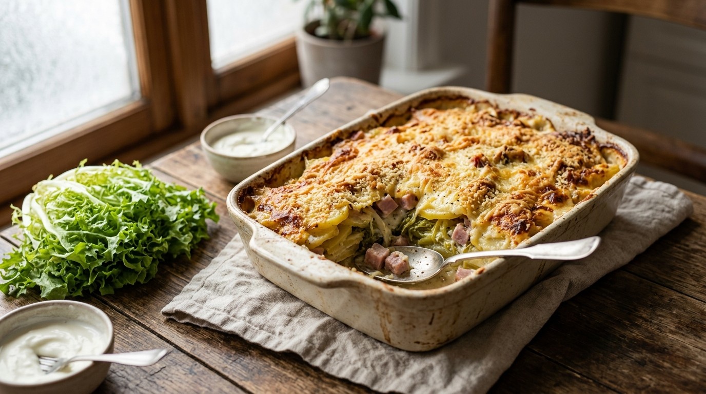 Andijvie-aardappelschotel met creme fraiche