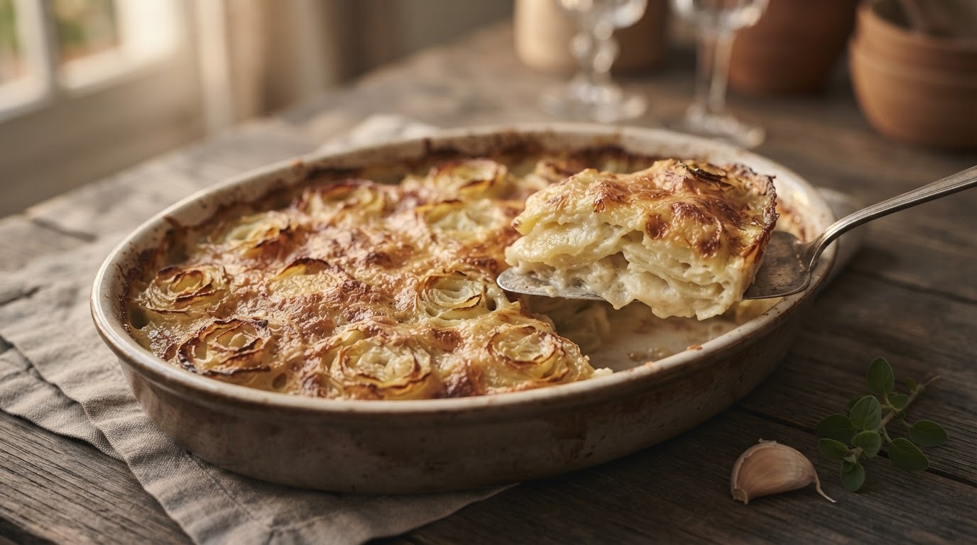 Anna's aardappelgratin met room, crème fraiche en kaas