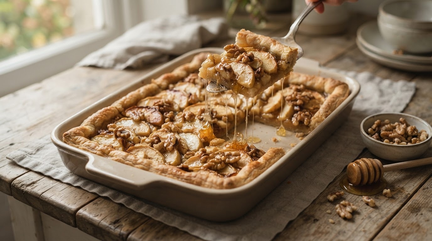 Appeltaart van de Bakplaat met Honing en Walnoten