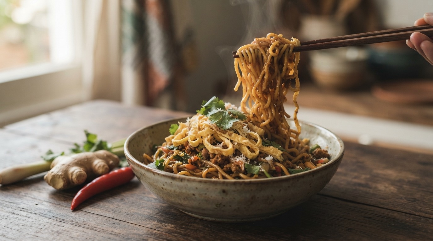 Arem-arem mie (miegerecht met gekruid gehakt)