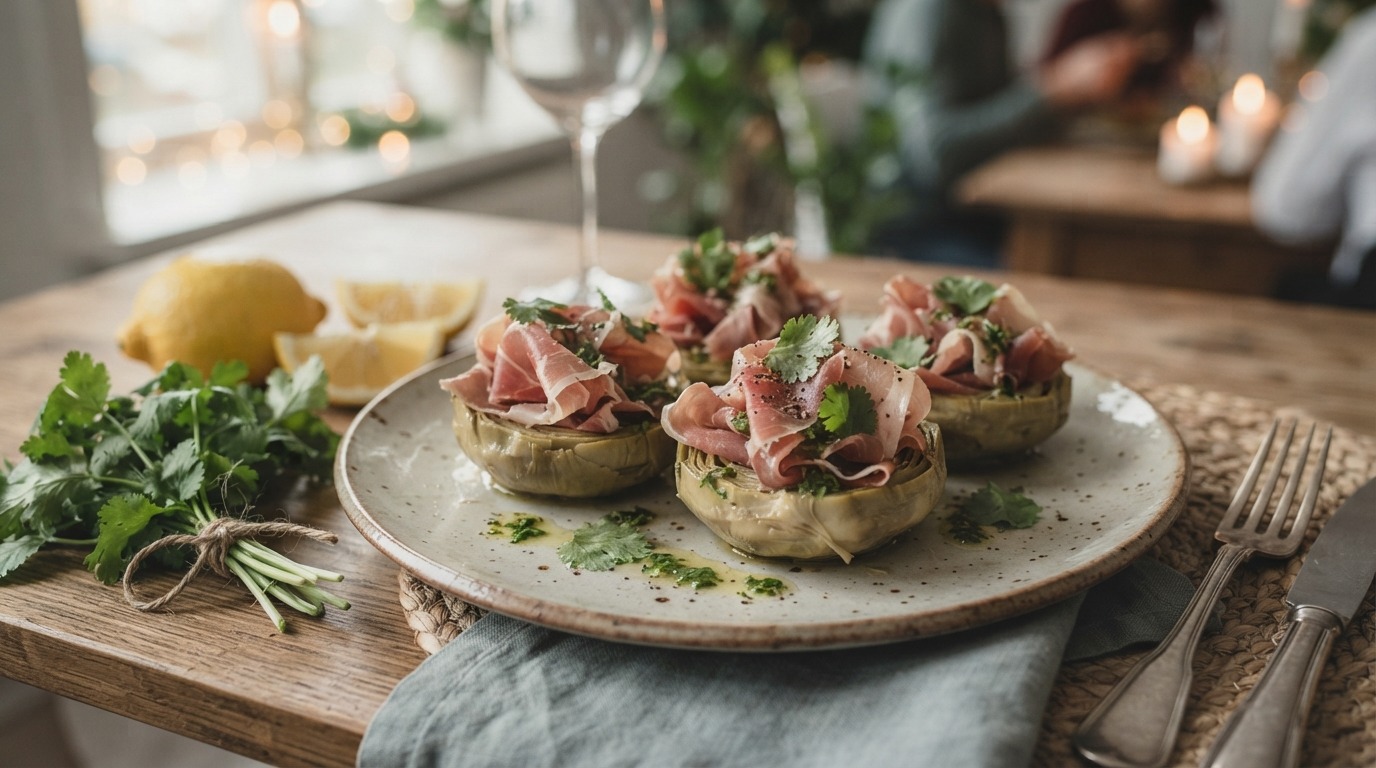 Artisjokbodems met rauwe ham en koriandervinaigrette