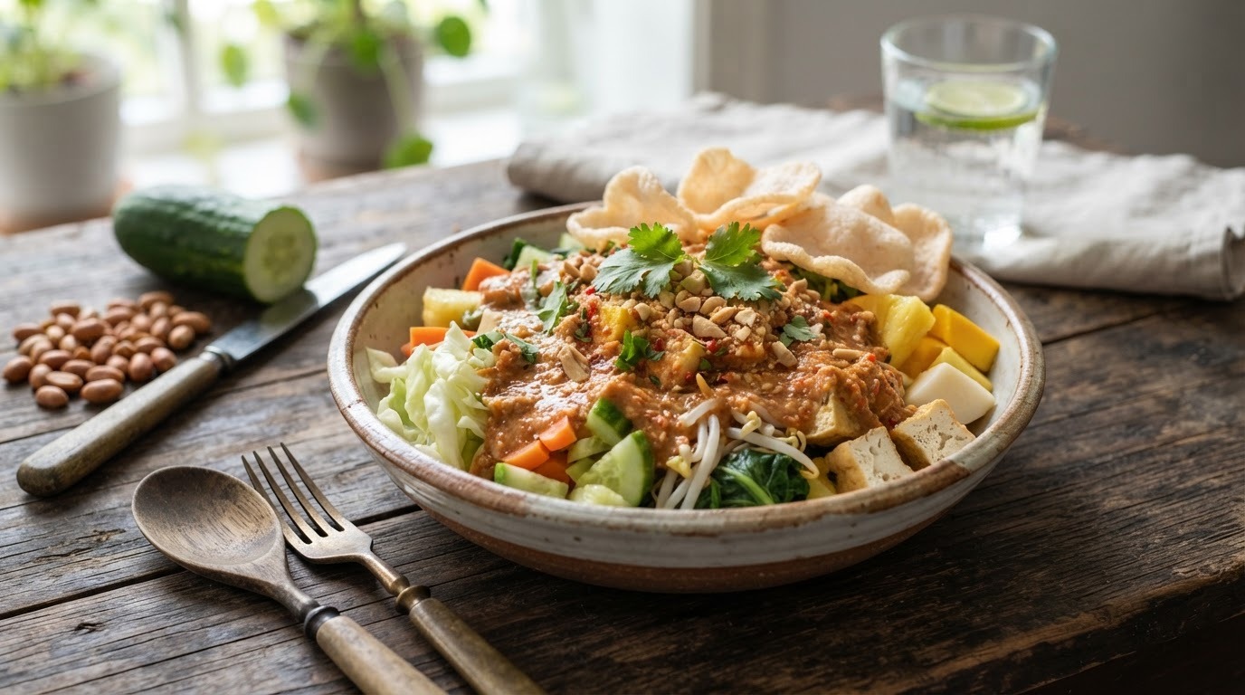 Asinan Jakarta (gemengde groente en fruit met zure pindasaus)