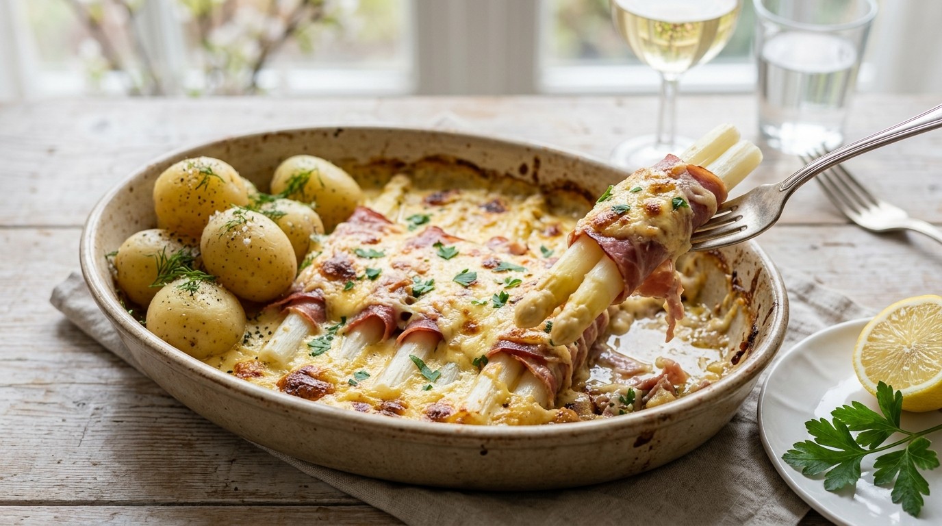 Asperge-hamgratin met hollandaisesaus