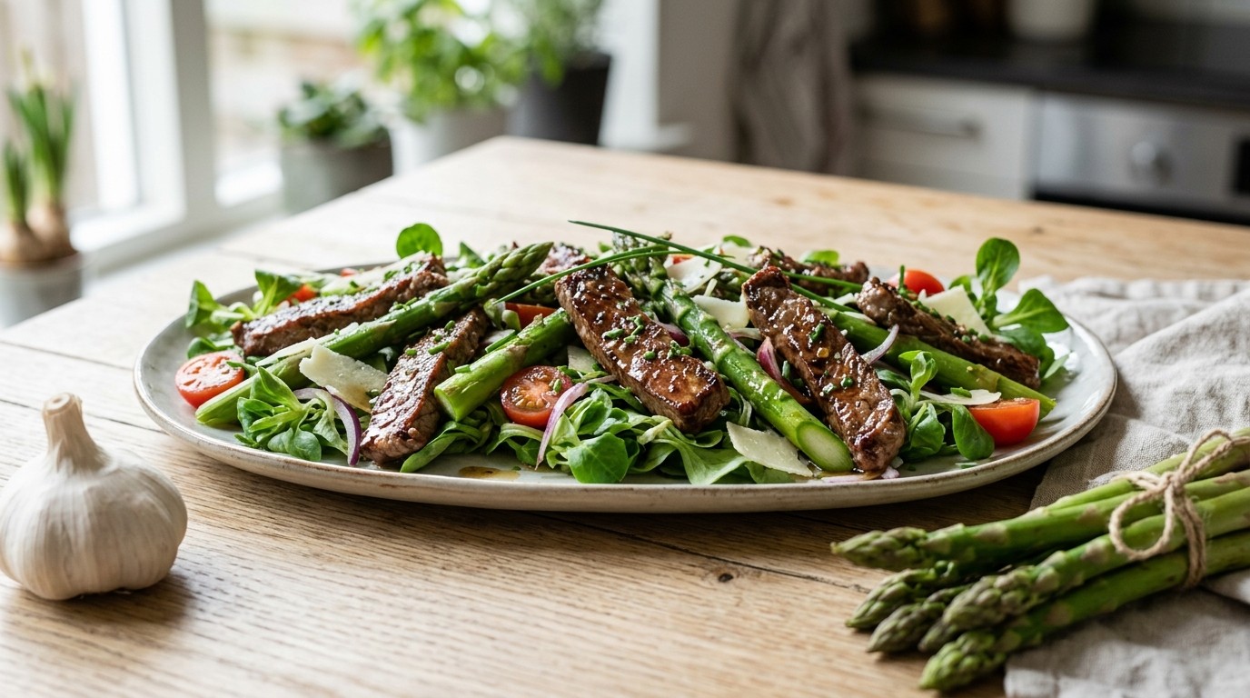 Asperge-rundvleessalade met veldsla