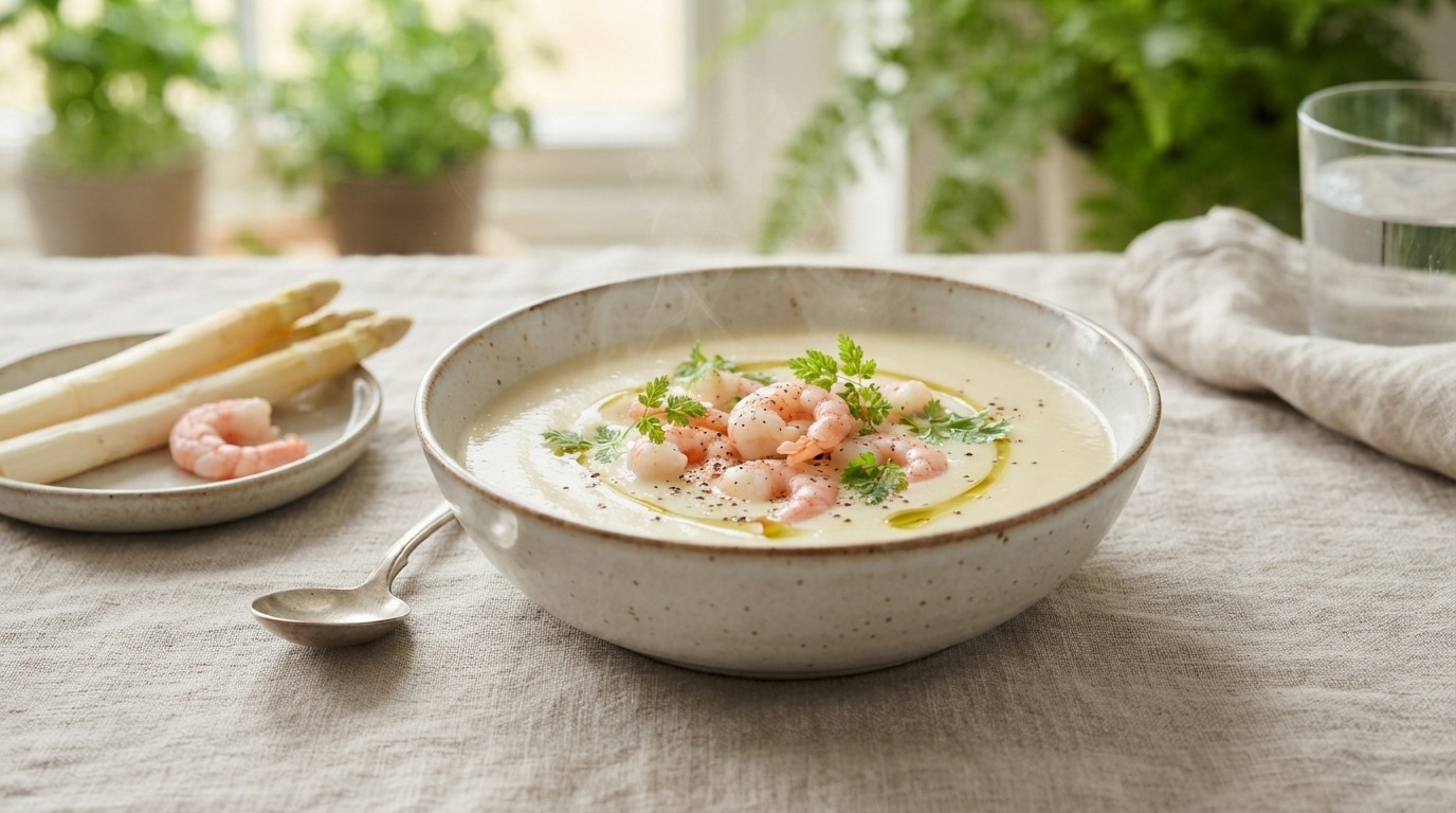 Asperge soep met gamba's