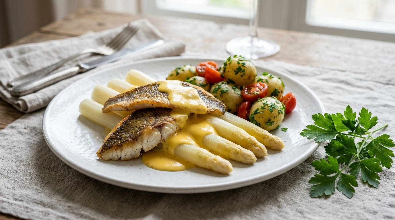 Asperges met Baarsfilet en Peterselieaardappel