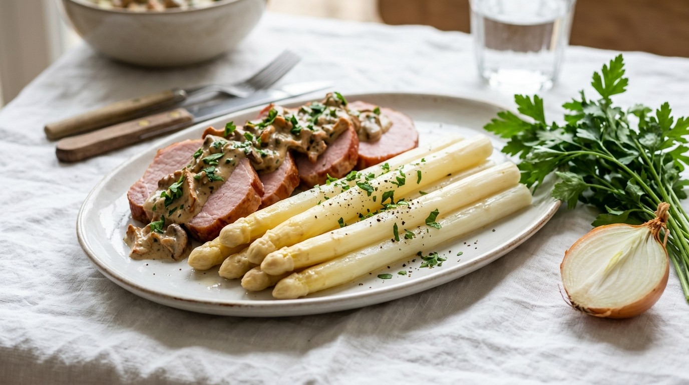 Asperges met Casselerrib en Champignons