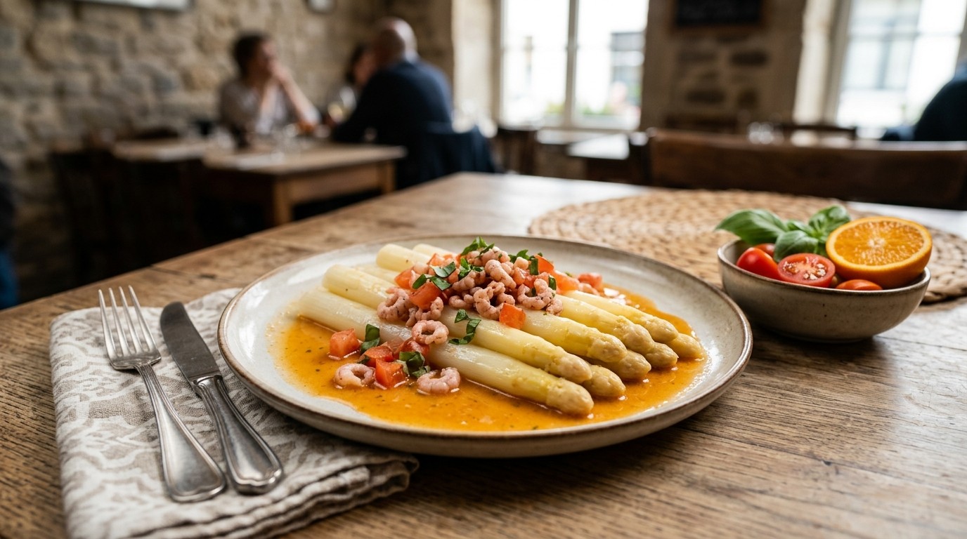 Asperges met grijze garnalen en tomaat