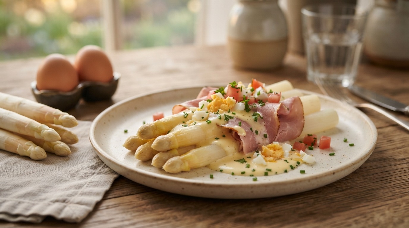 Asperges met ham en ei en een romige saus