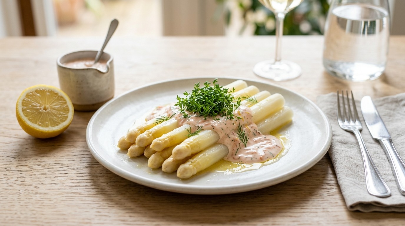Asperges met zalmroom en tuinkers
