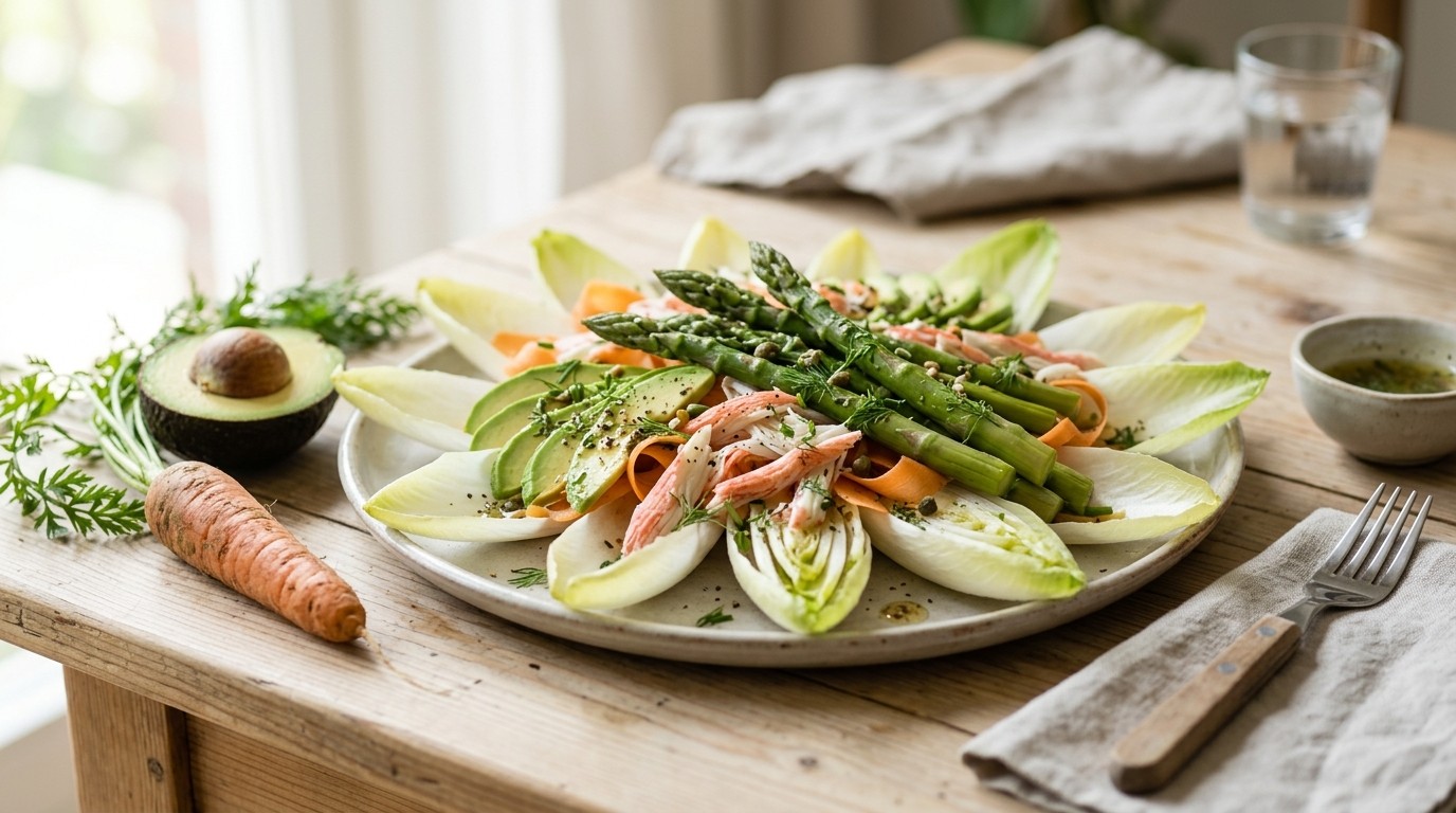 Aspergesalade op witlof met krabsticks
