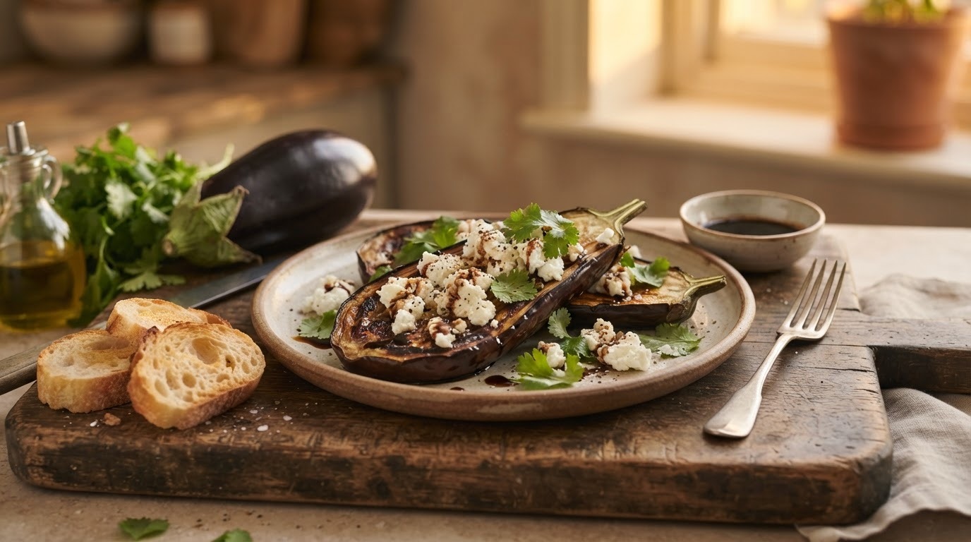 Aubergine met geitenkaas en koriander