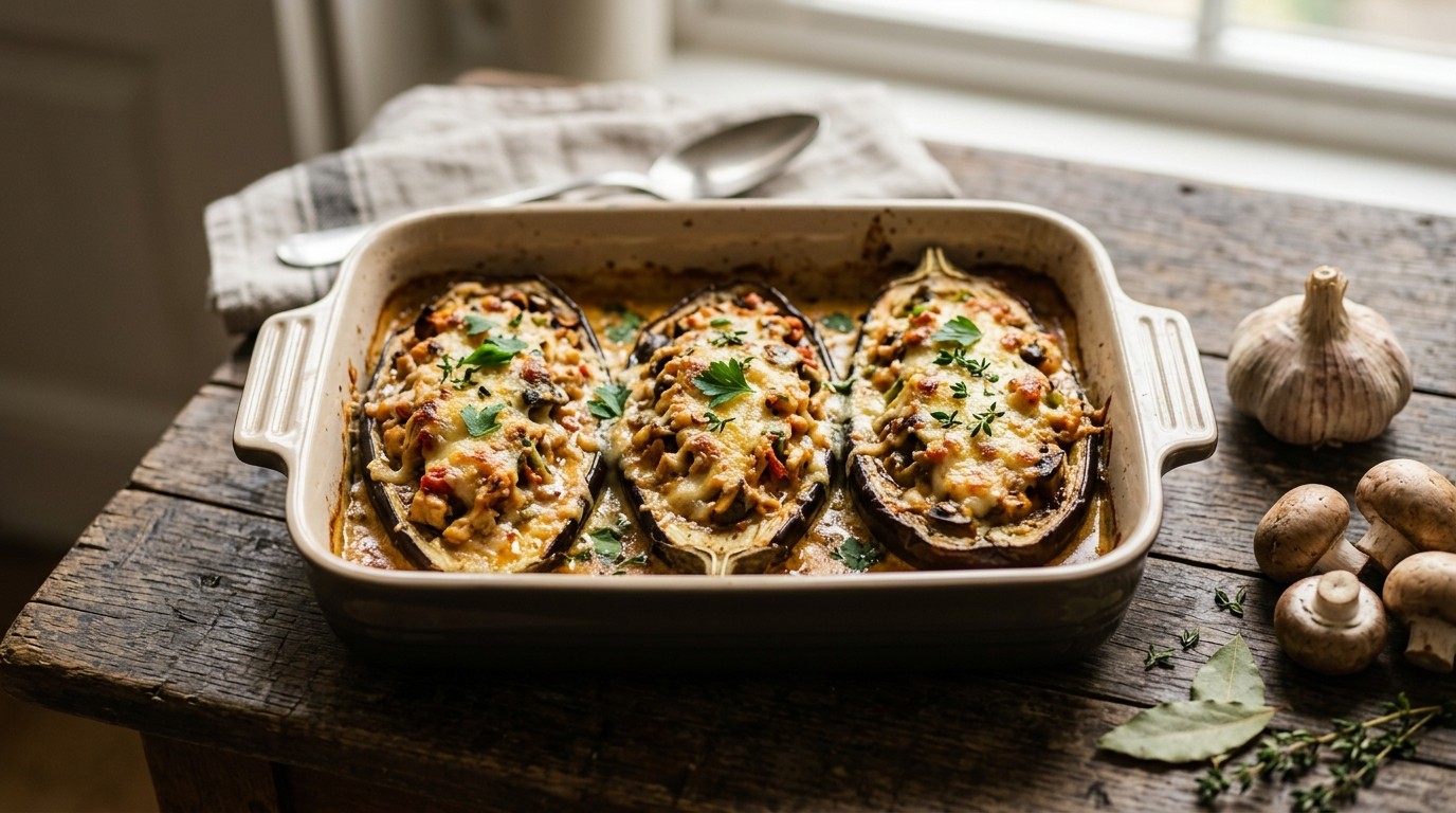 Aubergines, gevuld met kip en champignons
