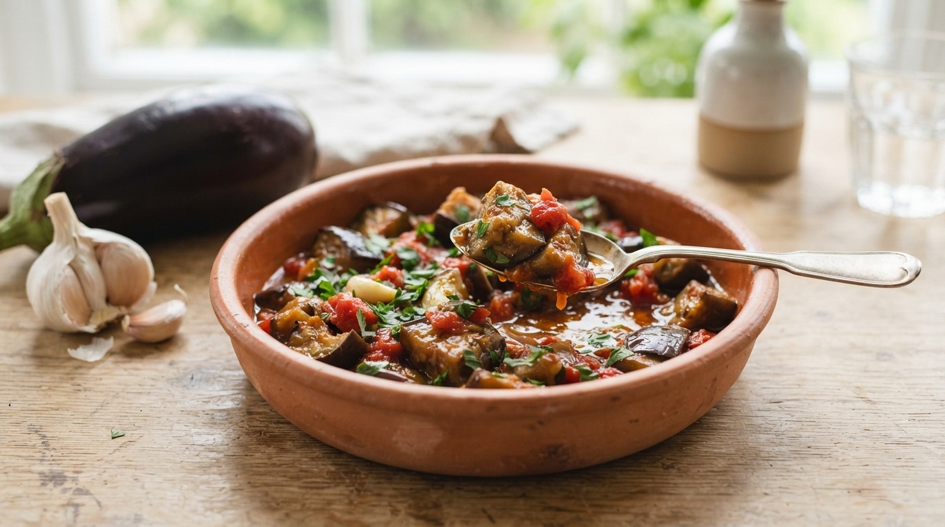 Aubergines met tomaat en knoflook