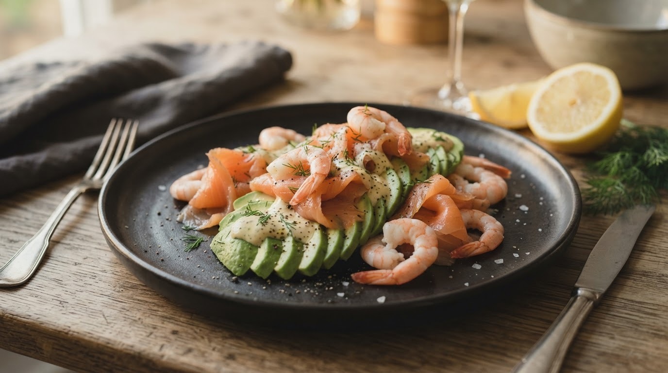 Avocado met garnalen en gerookte zalm