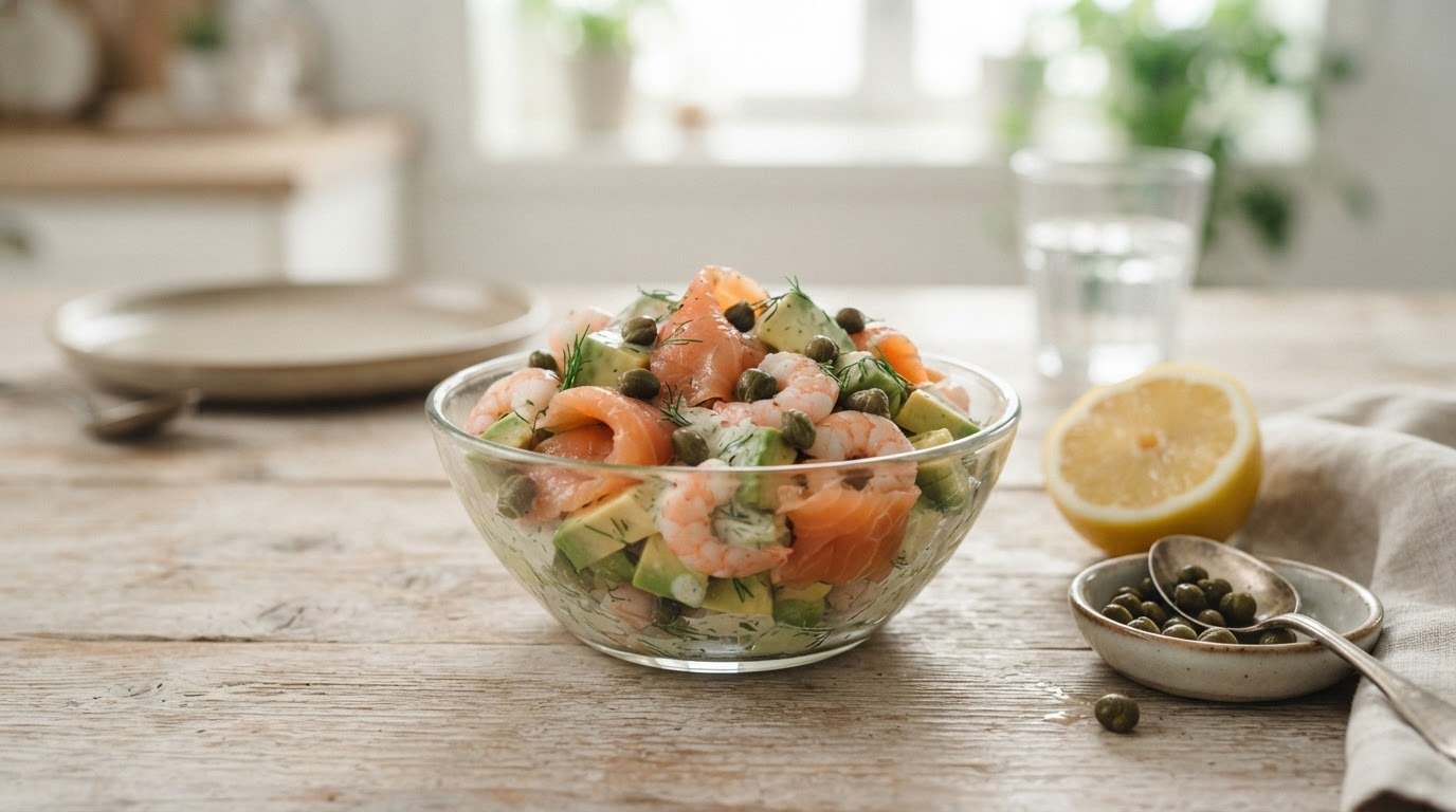 Avocadosalade met gerookte zalm en garnalen