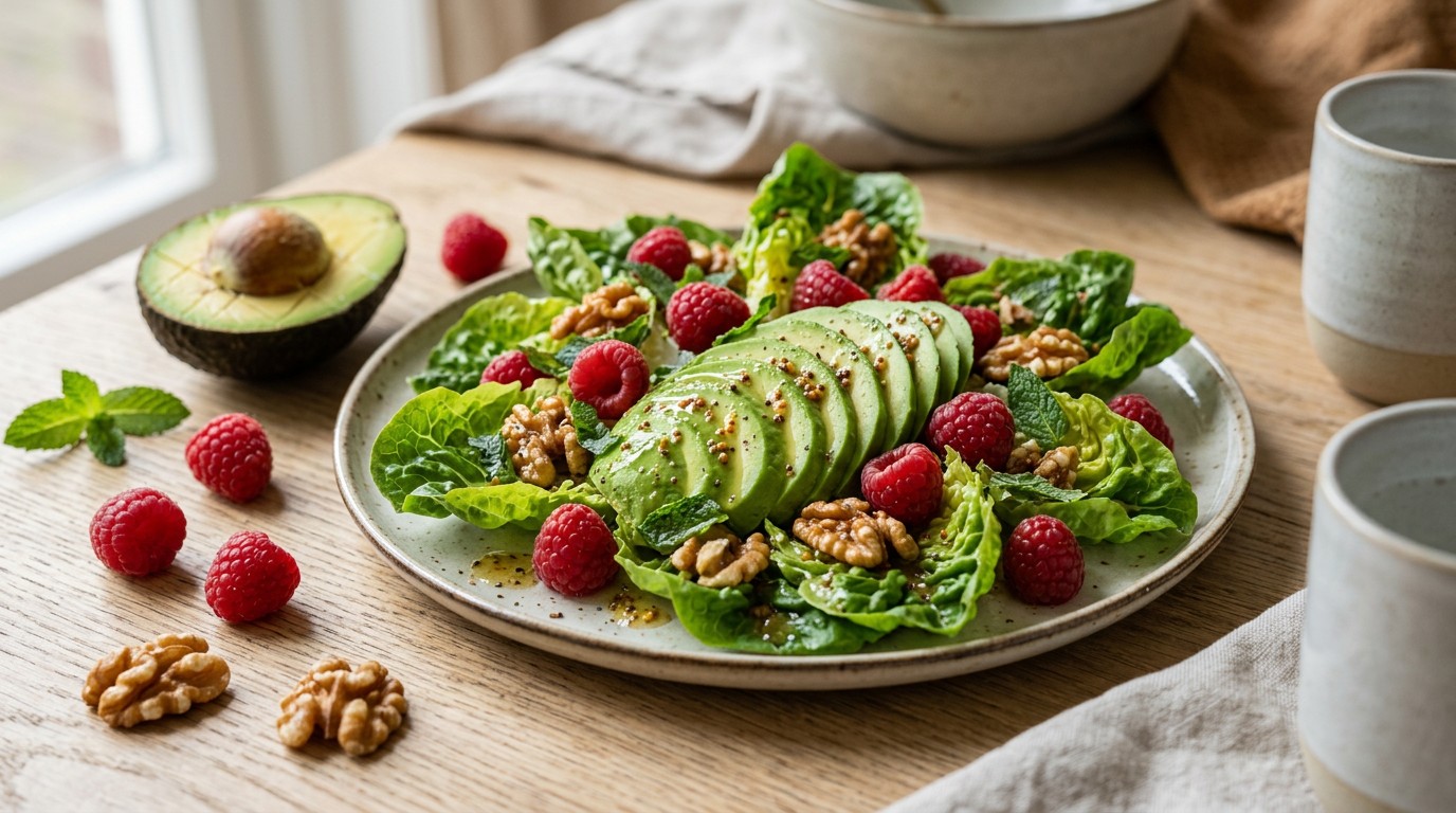 Avocadosalade met walnoten en framboos