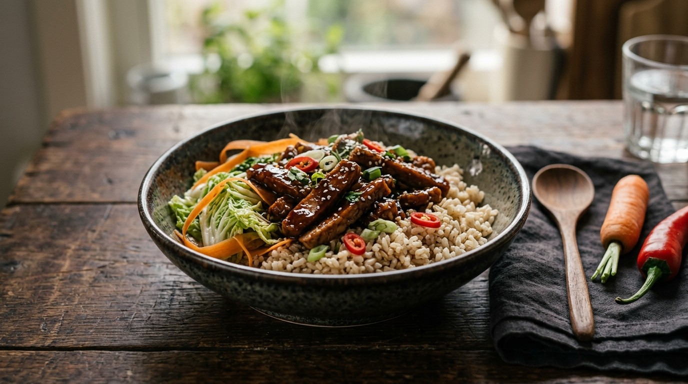 Babi Ketjap van Vegetarische Reepjes met Chinese Kool en Peen
