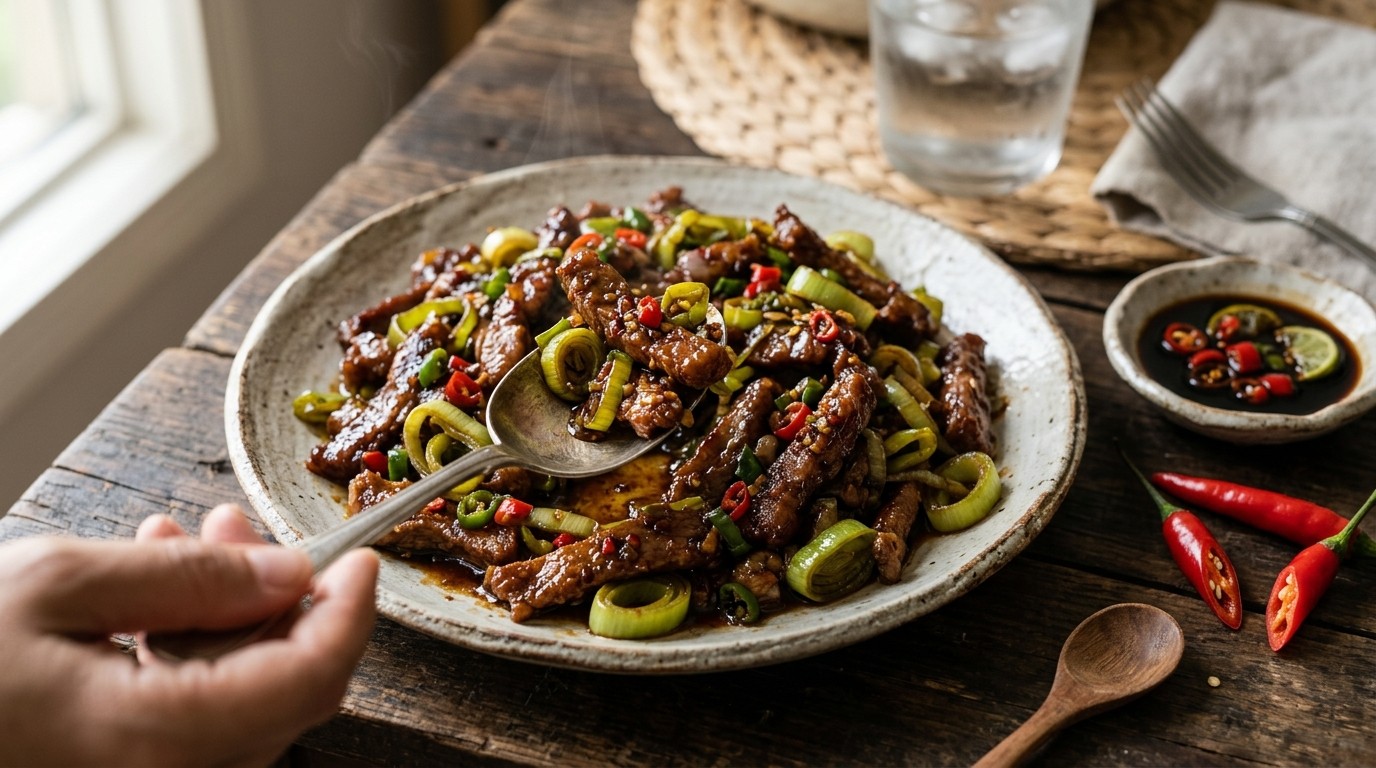 Babi Perai (pittig Gerecht met Hamlappen en Prei)