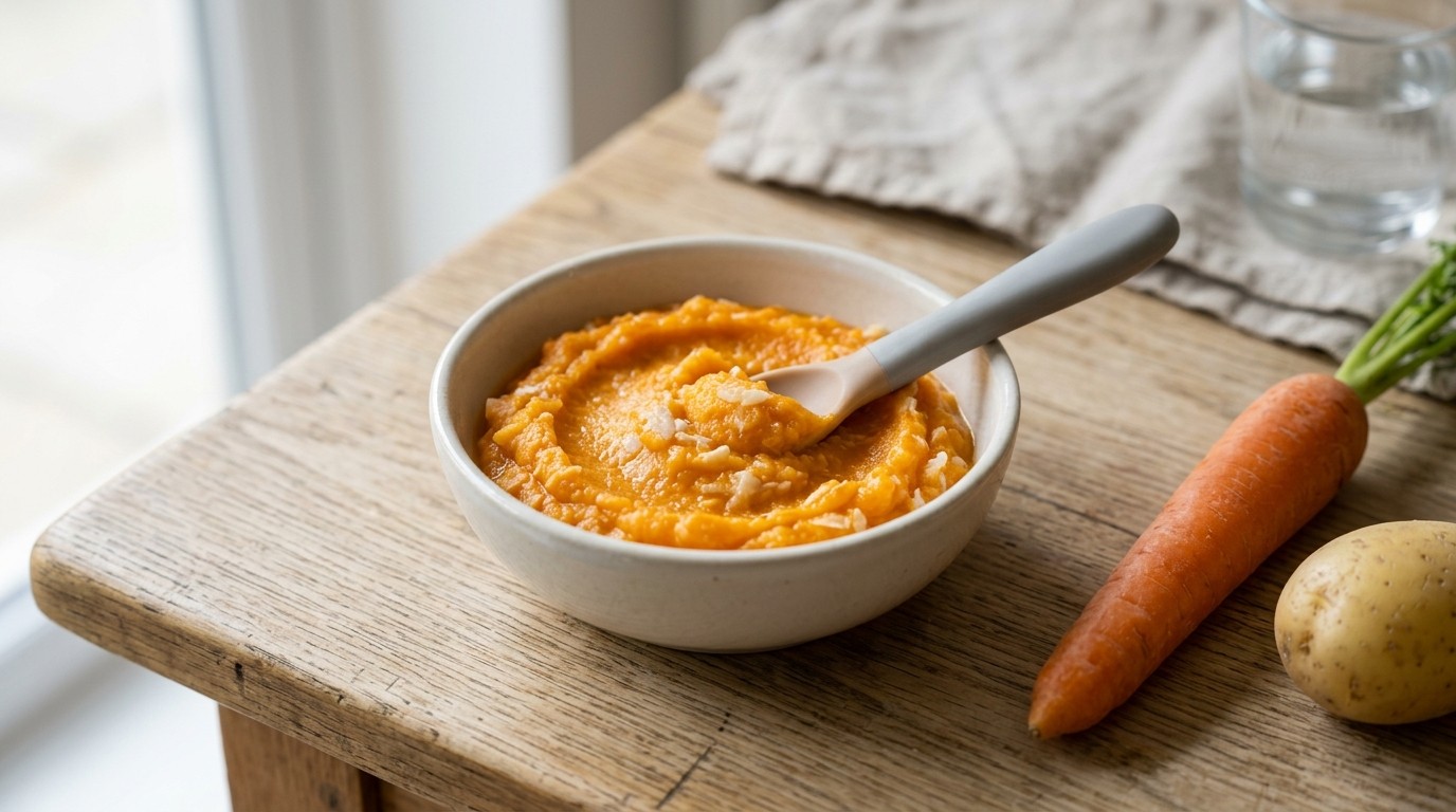 Baby peenstampje va 6 maanden met aardappels en koolvisfilet