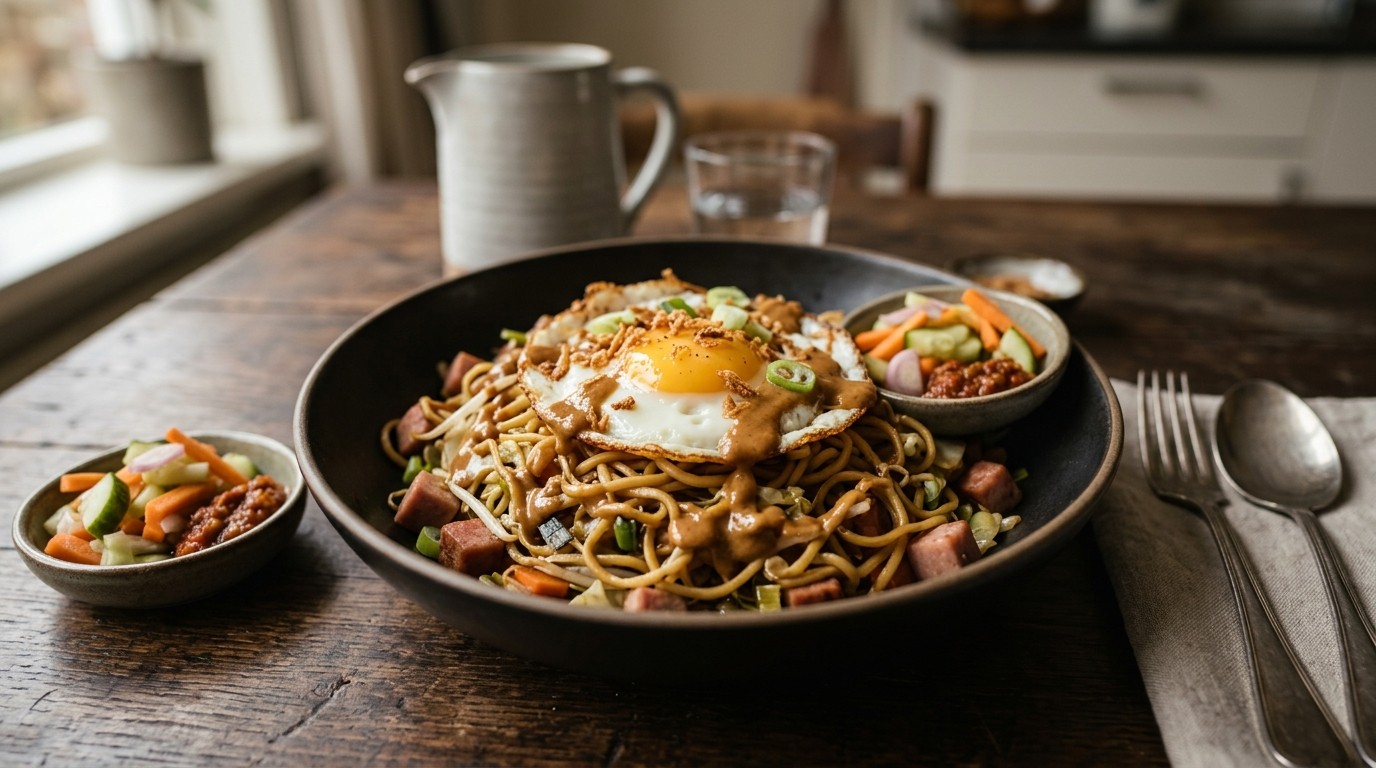 Bami met ham, ei en sate-saus