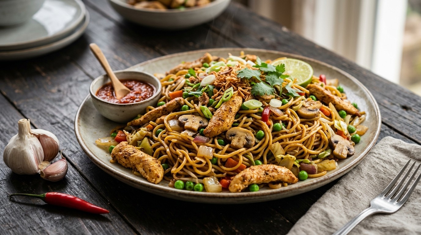 Bami met Kipfilet, Champignons, Doperwten en Uien